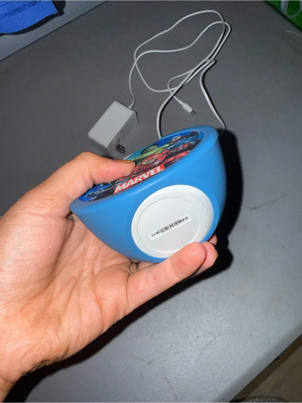 Marvel Round Wireless Speaker with Blue Trim and Superhero Graphic
